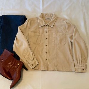 Corduroy long-sleeve button front jacket.